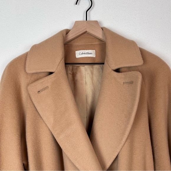 Calvin Klein Vintage 100% Wool Pea Coat Tan Waist Tie Two Button - Picture 2 of 15